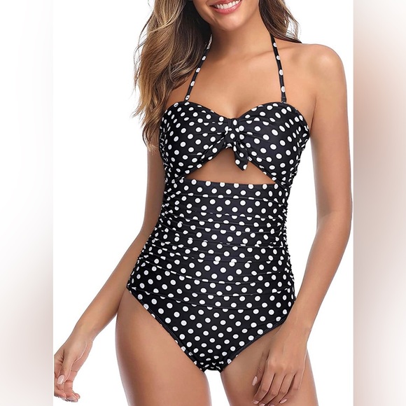 One Piece Swimsuit Tummy Control High Waisted Halter Front Tie SIZE M Retro - Picture 5 of 7